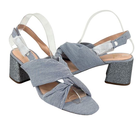J. CREW Twisted-Knot Penny Sandals 8.5 Blue White Pinstripe Glitter Block Heel - Picture 2 of 10